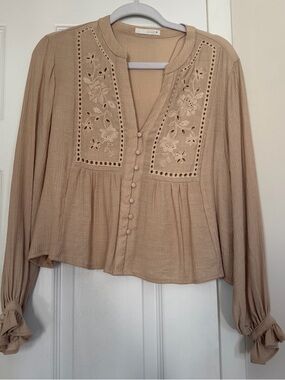 Zara Beige Embroidered Button-Front Blouse